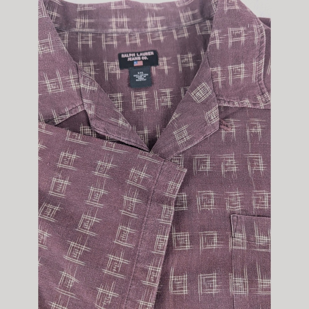 Ralph Lauren Jeans Co Mens XXL Burgundy Geometric Grid Cotton Short Sleeve Shirt - Picture 3 of 9